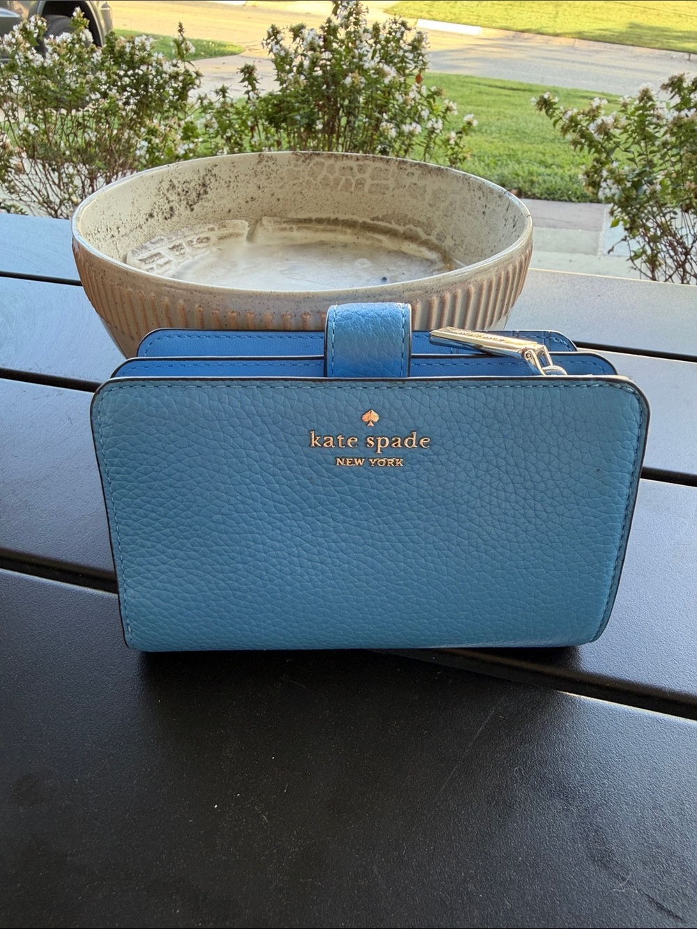 Kate Spade Blue Leather Zip Around Wallet with Gold Logo
